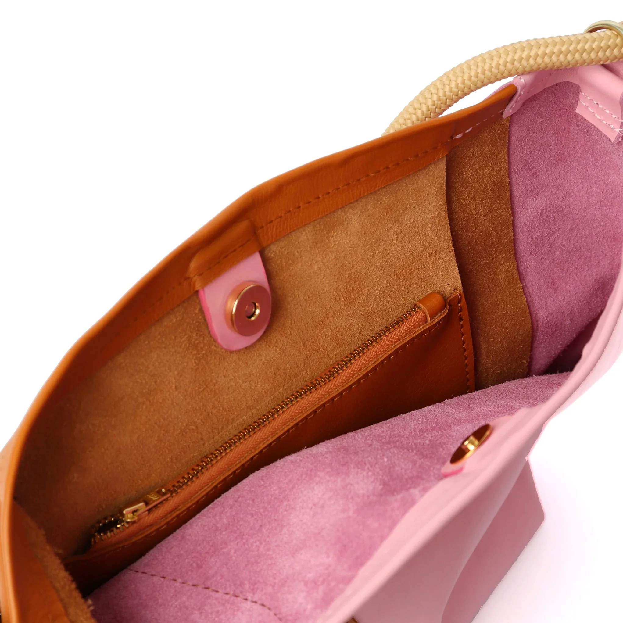 Tan and candy pink ripple canvas tote bag by Project Dyad, handmade in Cape Town with sculptural folds and cotton straps.
