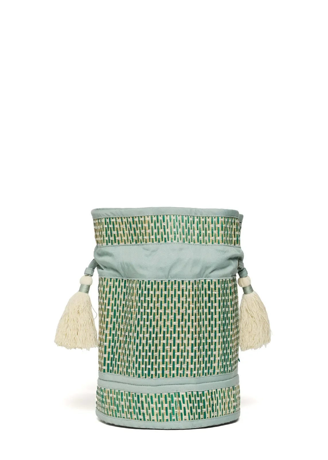 Back view of the Lorna Murray Fiji Mini Leisure Tote featuring handcrafted natural grass fibre weaving and drawstring closure.