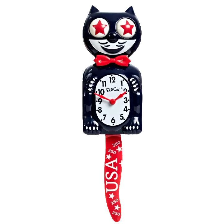 Kit-Cat Klock Old Glory Special Edition blue wall clock with red star eyes, red hands and commemorative red tail
