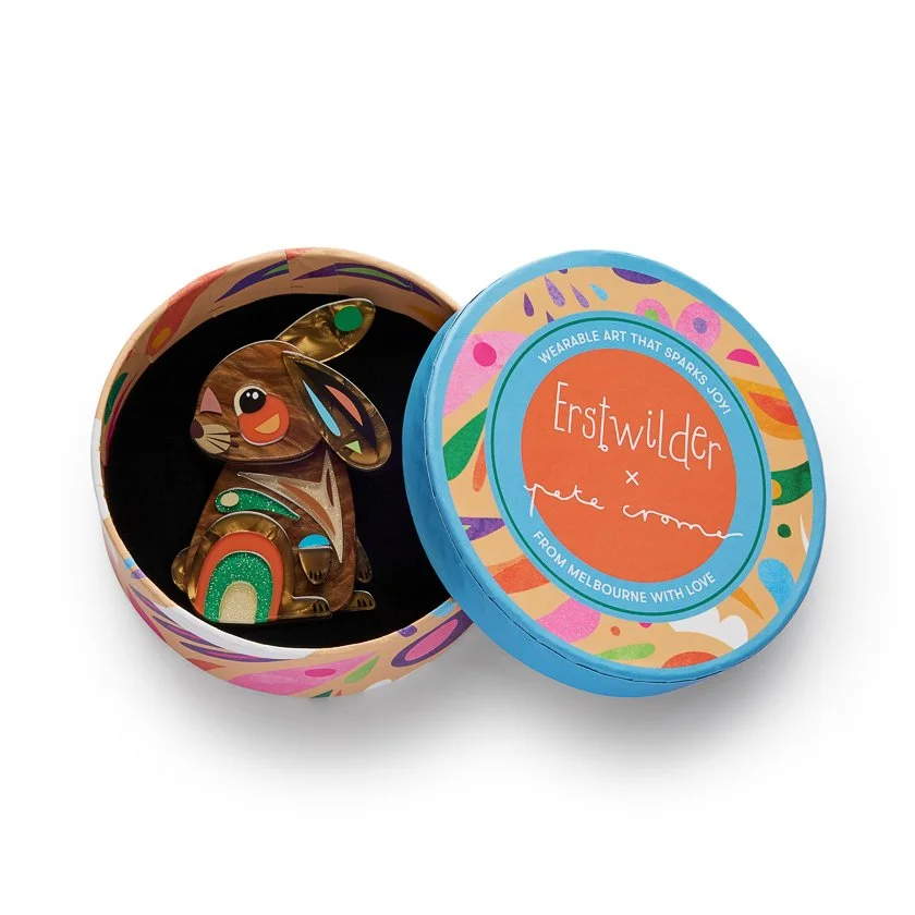Erstwilder x Pete Cromer Milo the Bunny Brooch featuring a layered bunny design with an artful Easter-inspired look.