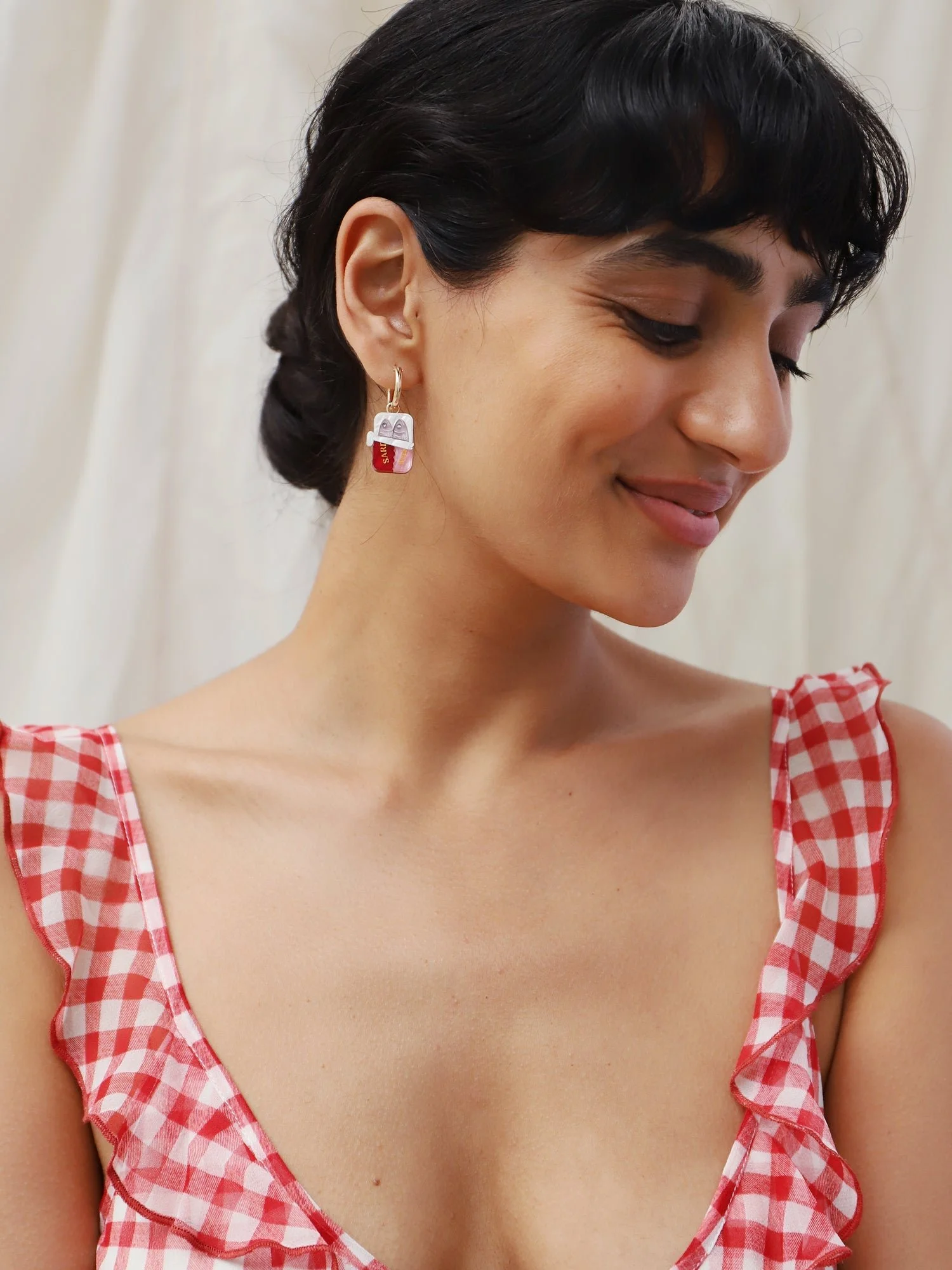 Wolf & Moon Sardine Hoops with sardine tin-inspired acrylic charms, crystal details and gold-filled hoop earrings.