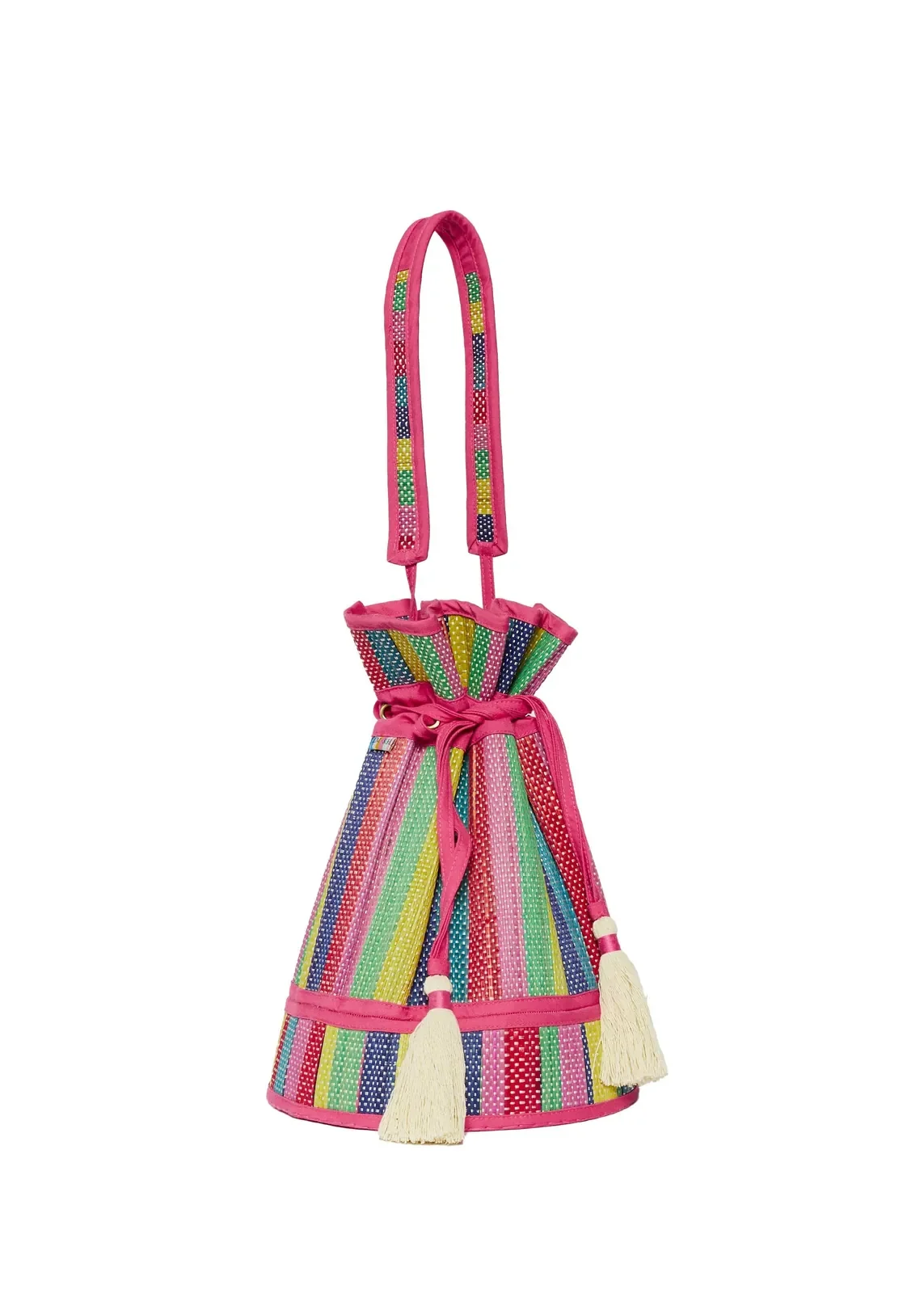 Side profile of the Lorna Murray Resort Party Fuchsia Midi Leisure Tote highlighting its handcrafted woven silhouette.