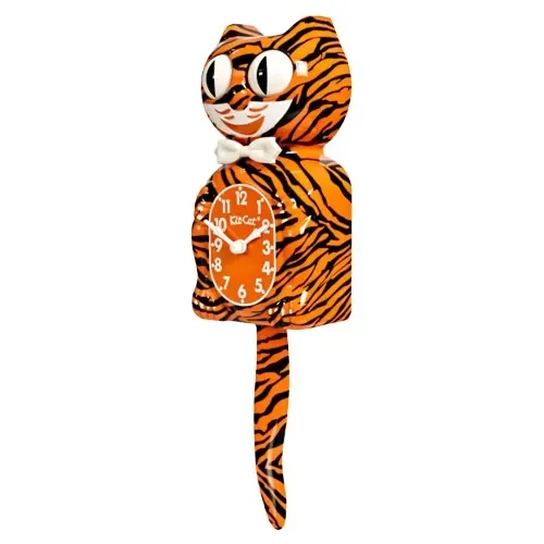 Kit-Cat Klock Bengal Tiger orange wall clock with black tiger stripes, rolling eyes and wagging tail