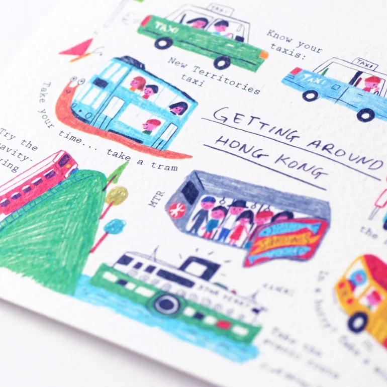 Hong Kong transportation illustrated postcard by All Things Bright And Beautiful