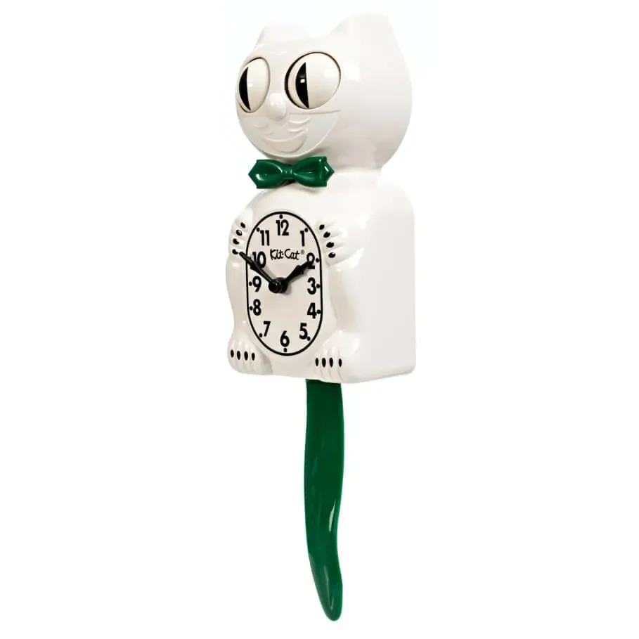 Kit-Cat Klock Candy Cane Green Limited Edition white wall clock with forest green bow tie and wagging tail3.webp