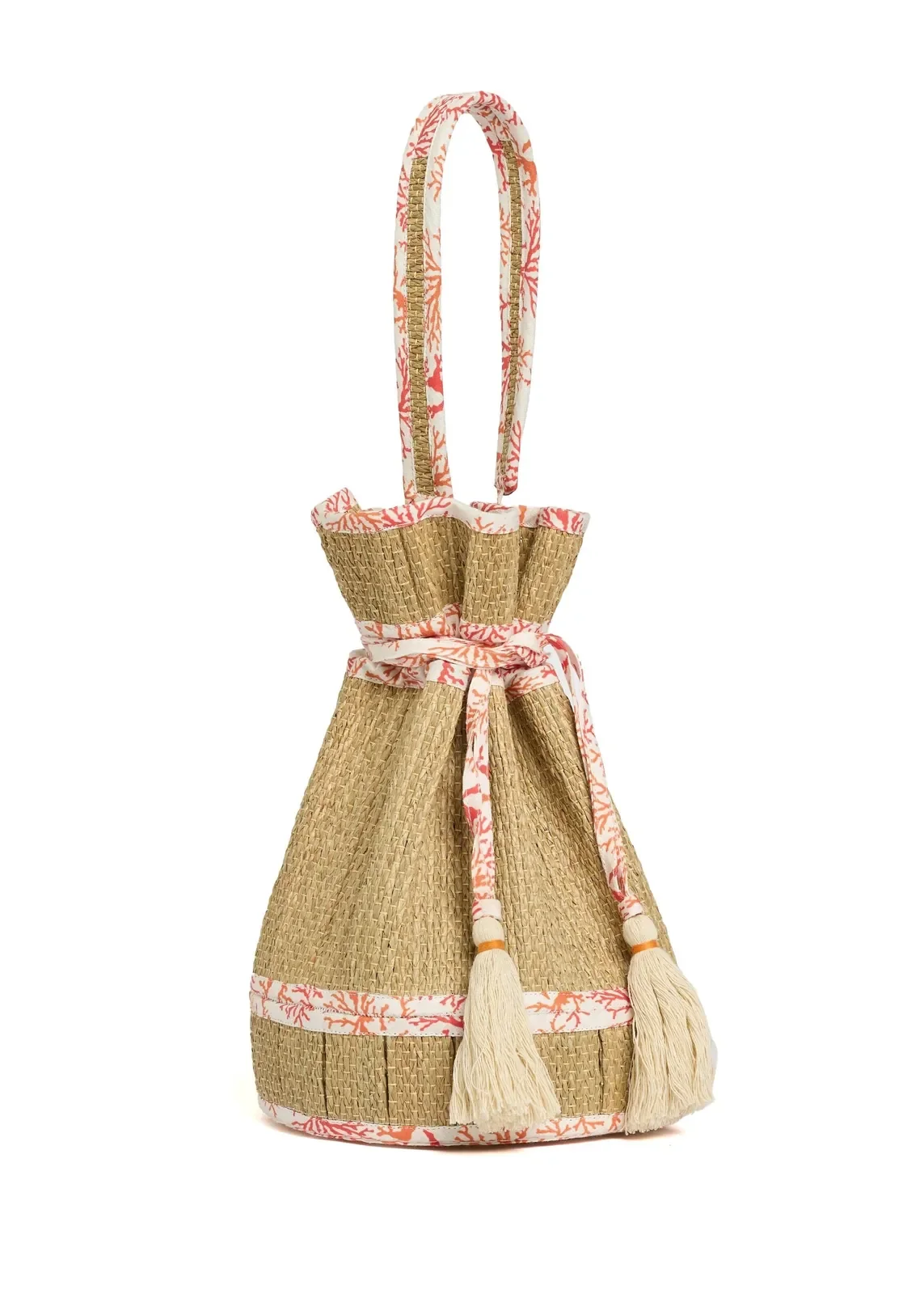 Lorna Murray Coral Midi Leisure Tote front view in handwoven natural grass fibres with a drawstring closure.