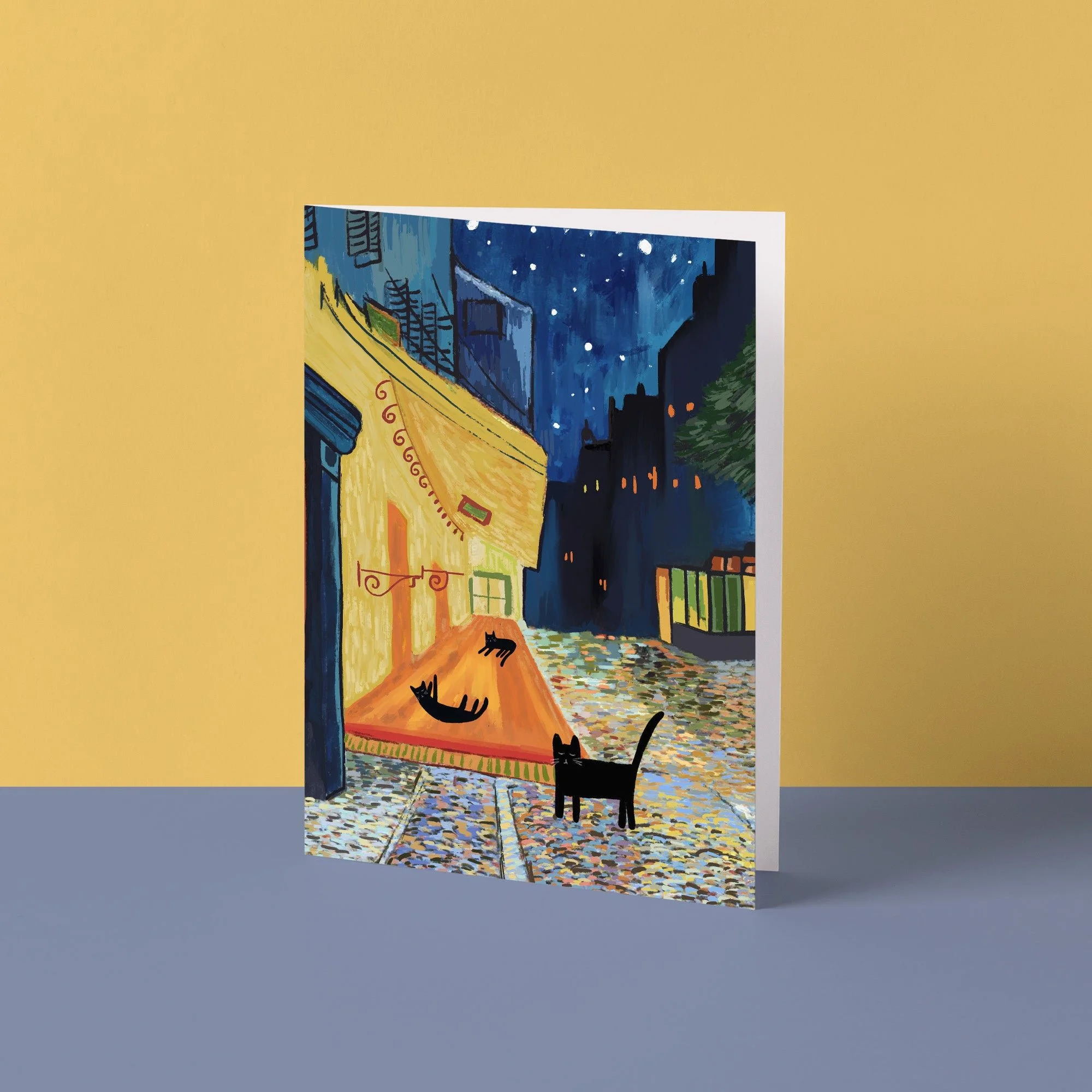 Cat's on the terrace at night cat card by NIASKI, colourful Van Gogh inspired cat greeting card and small gift for cat lovers at Goosebump Hong Kong