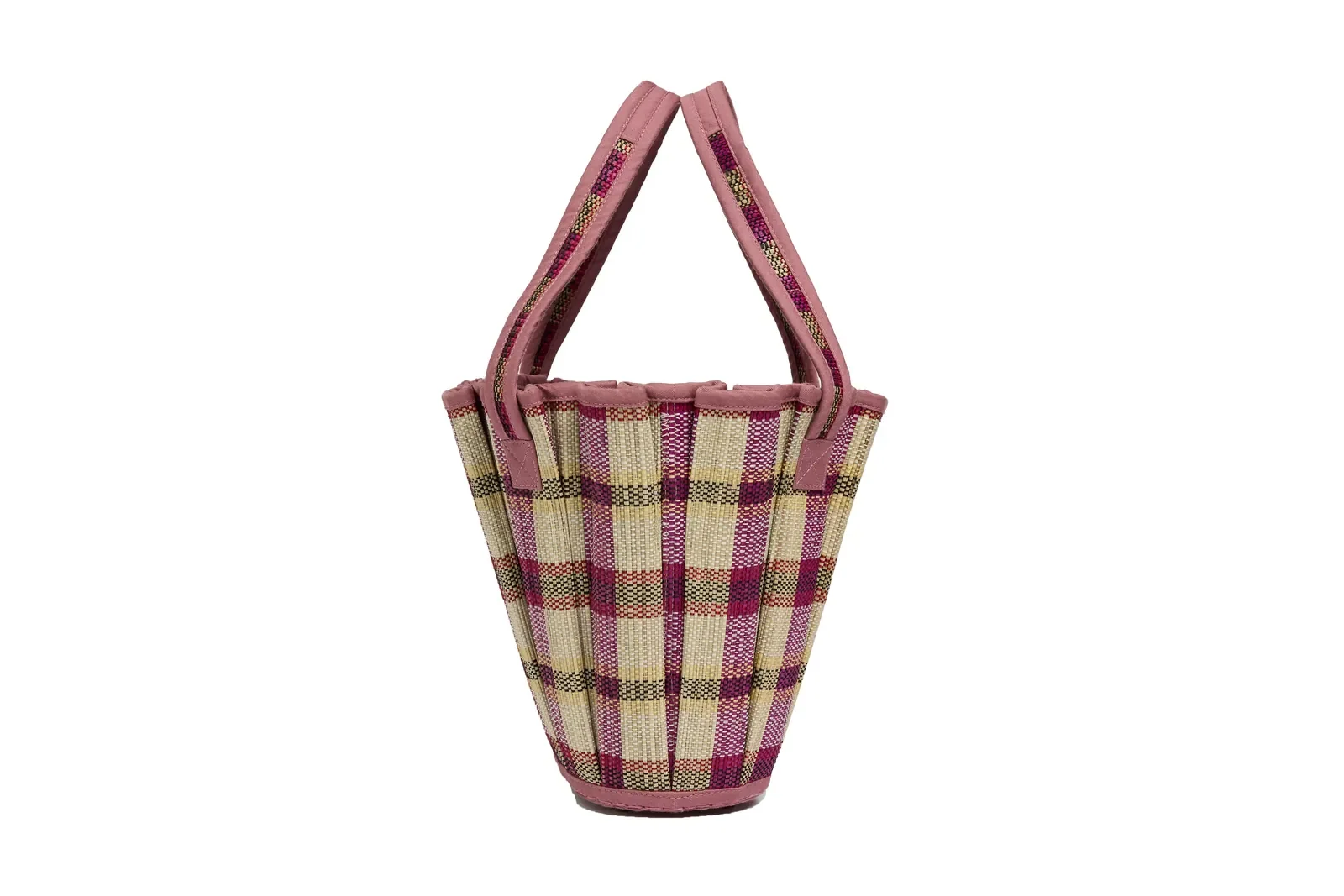 Side profile of the Lorna Murray Picnic Bay Mini Tropez Tote highlighting its compact handcrafted woven silhouette.