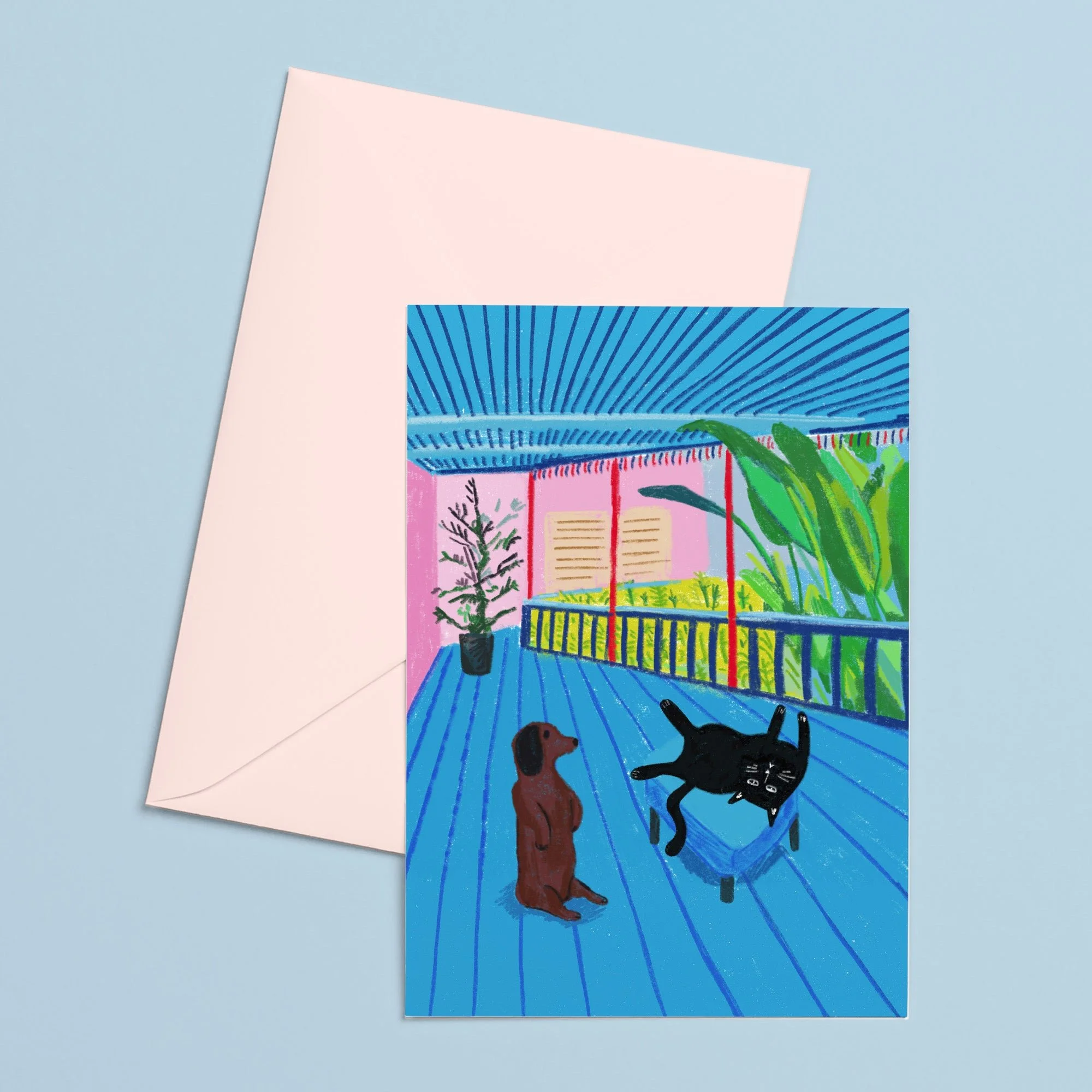 Hockney's Dog and Cat Card by NIASKI, colourful art-inspired pet greeting card and small gift for cat lovers and dog lovers at Goosebump Hong Kong