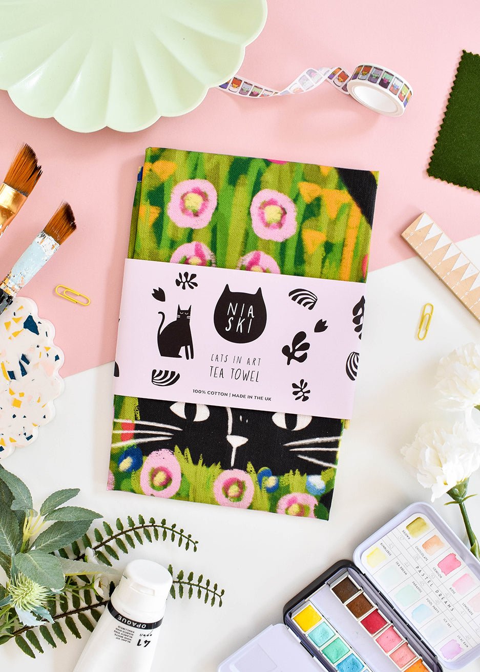 Klimt Garden Cat Tea Towel by NIASKI, 100% cotton Cats in Art kitchen towel and art-inspired home gift for cat lovers at Goosebump Hong Kong