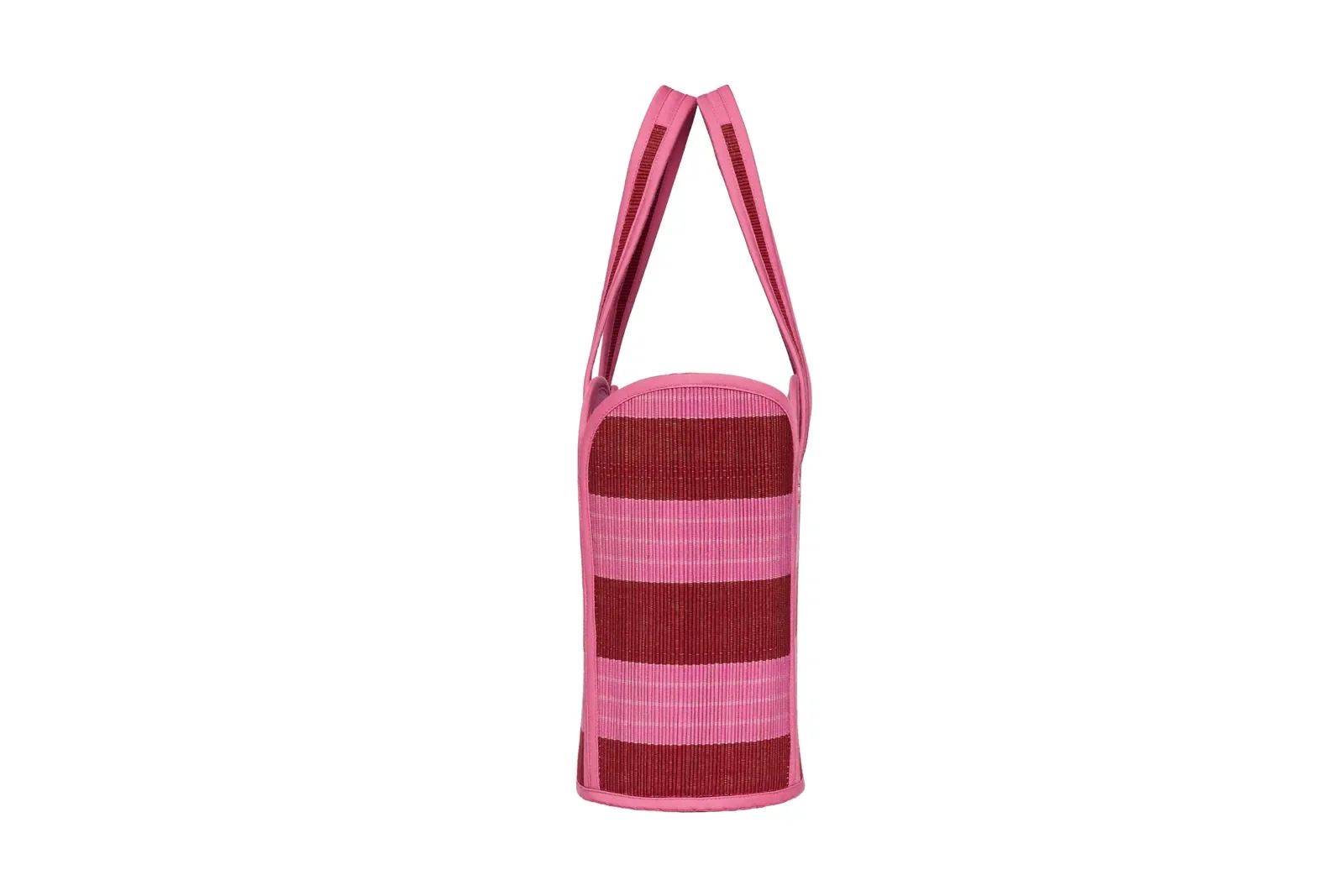 Lorna Murray Dragonfruit Summer Vacation Tote front view in handwoven natural grass fibres with pink and cherry red woven stripes.