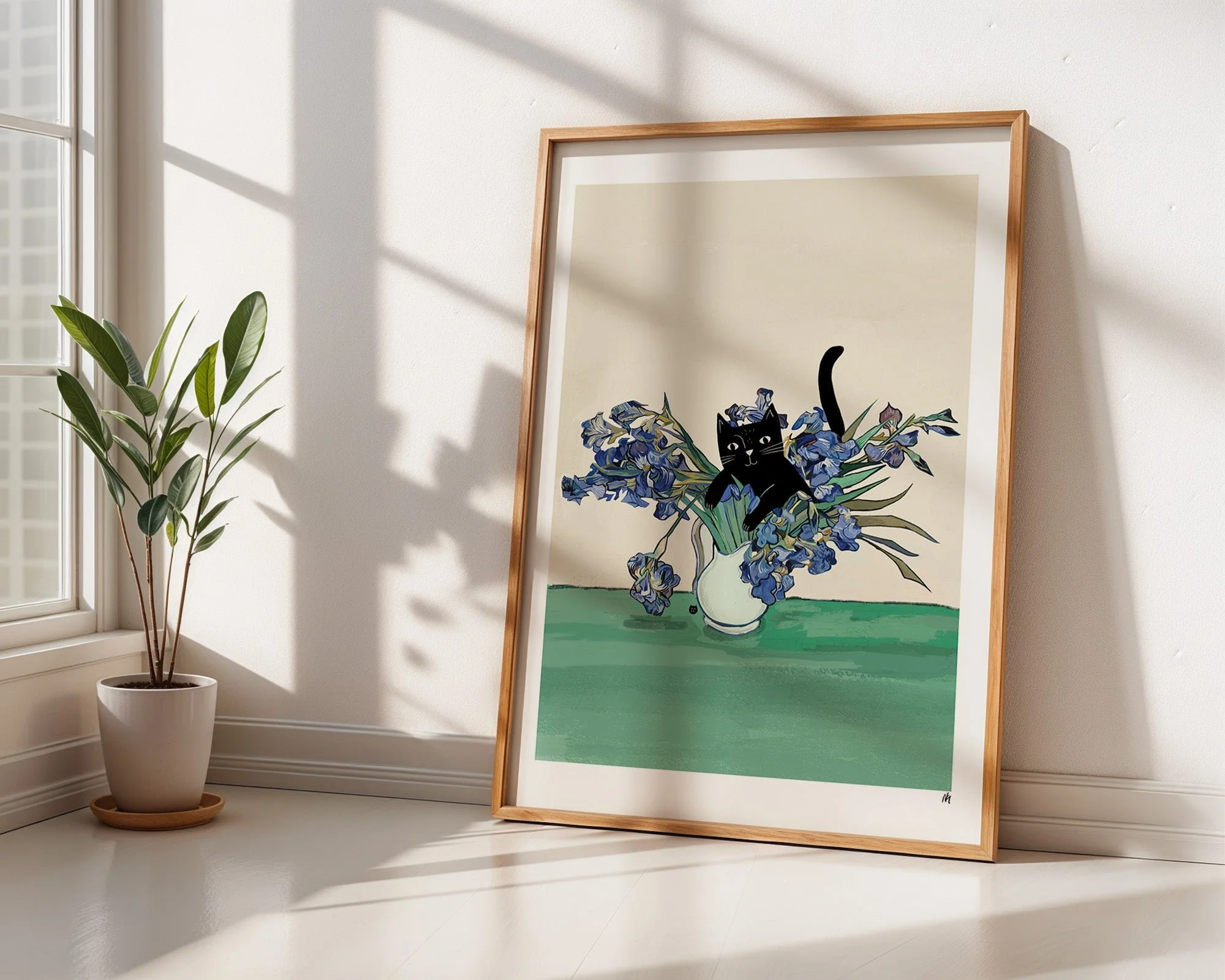 Vincent's Irises Cat Art Print A4 by NIASKI, Van Gogh inspired floral cat wall art print for elegant home decor and art lover gifts at Goosebump Hong Kong