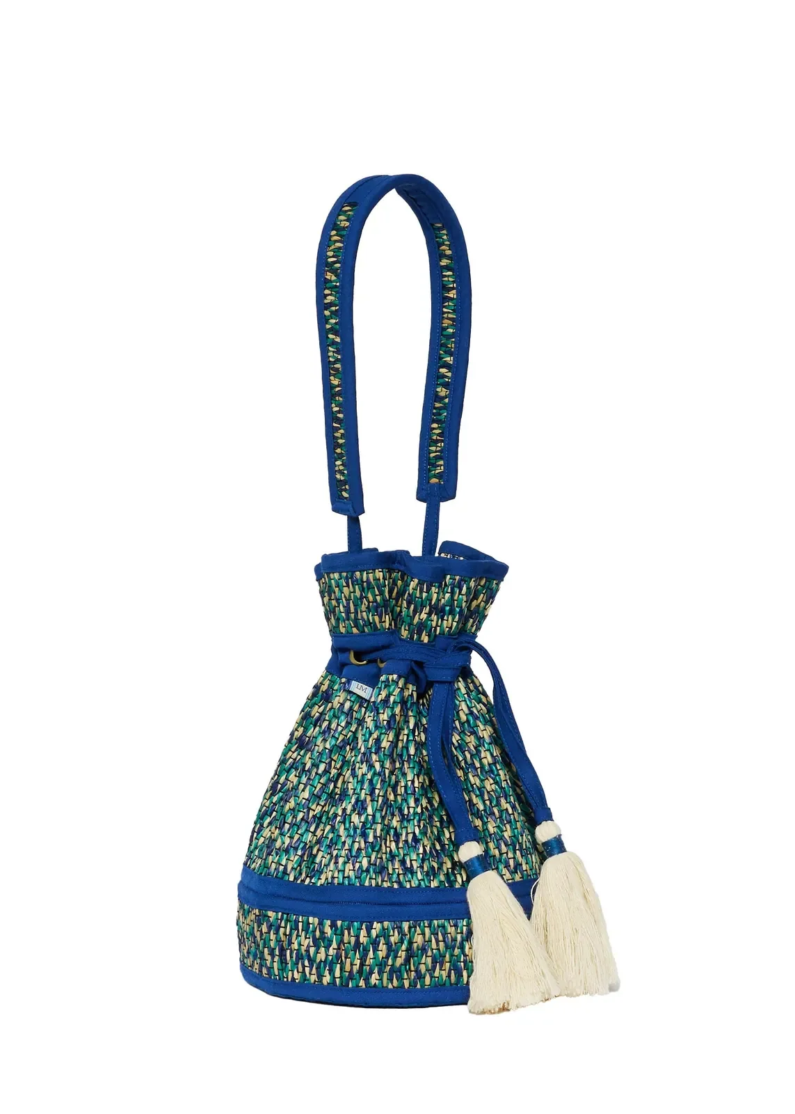Front view of the Lorna Murray Skyline Mini Leisure Tote highlighting its handcrafted woven construction and drawstring silhouette.