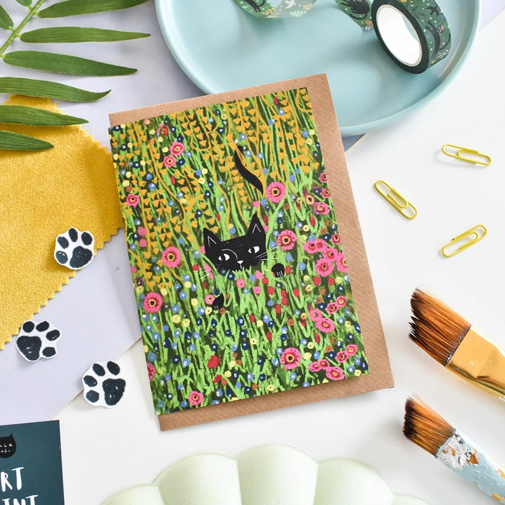 Cat hiding in a Klimt Garden Card by NIASKI, colourful art-inspired cat greeting card and small gift for cat lovers at Goosebump Hong Kong
