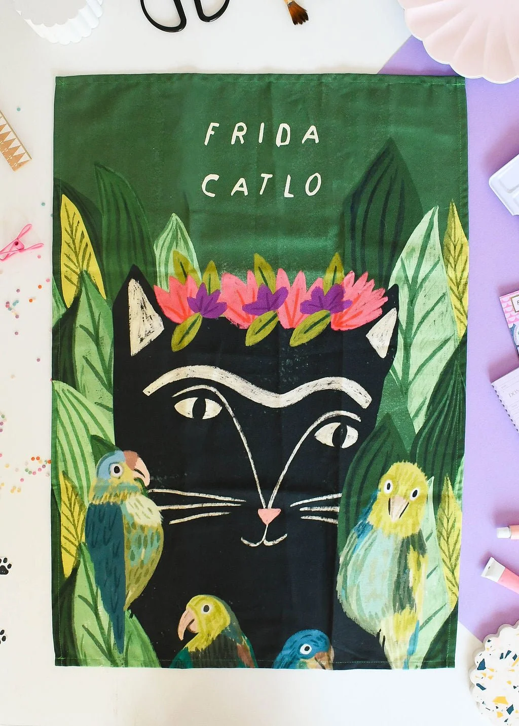 Frida Catlo Cat Tea Towel by NIASKI, 100% cotton Cats in Art kitchen towel and art-inspired home gift for cat lovers at Goosebump Hong Kong