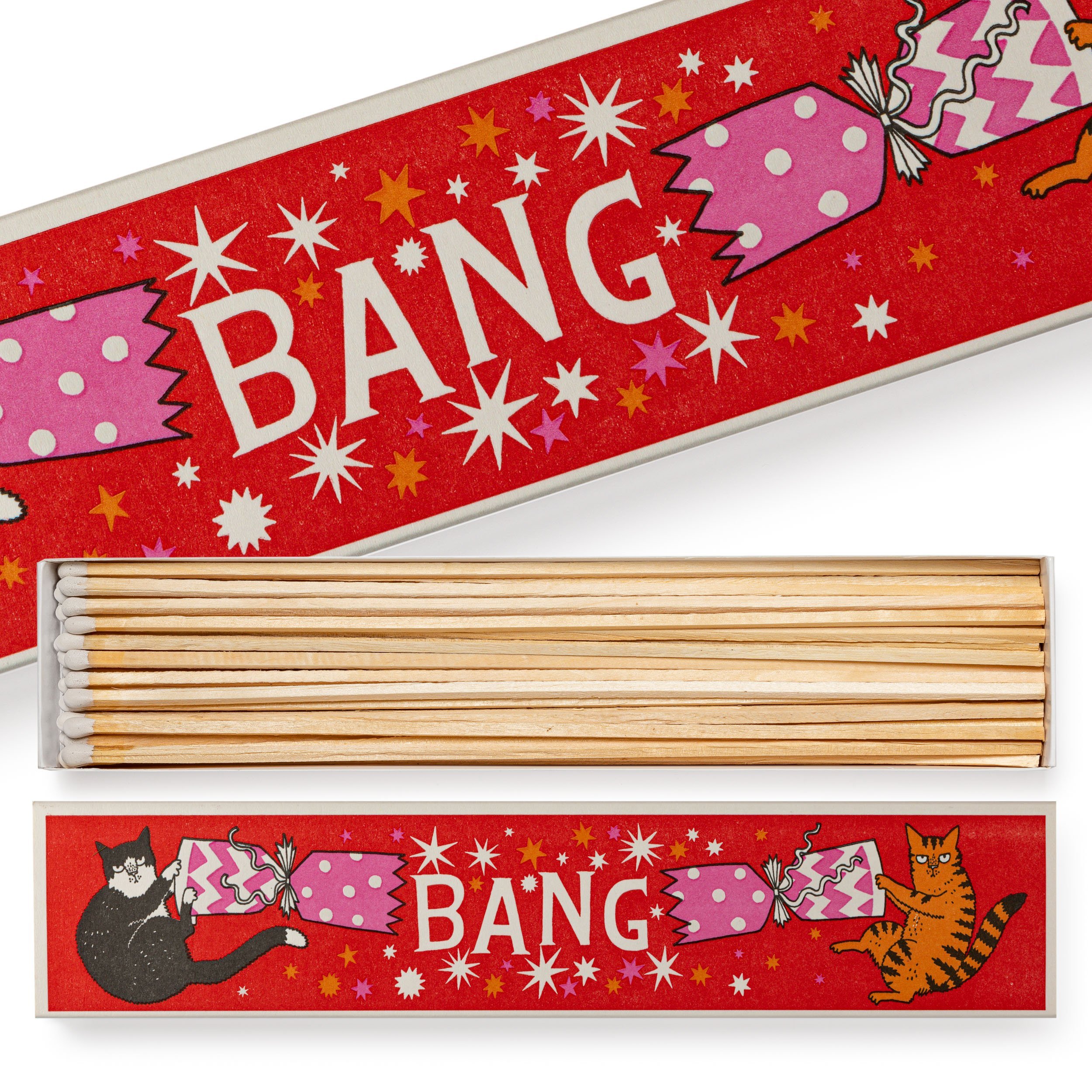 Cracker Cats Long Matchbox by Charlotte Farmer, featuring festive cat design, available at Goosebump.live in Hong Kong