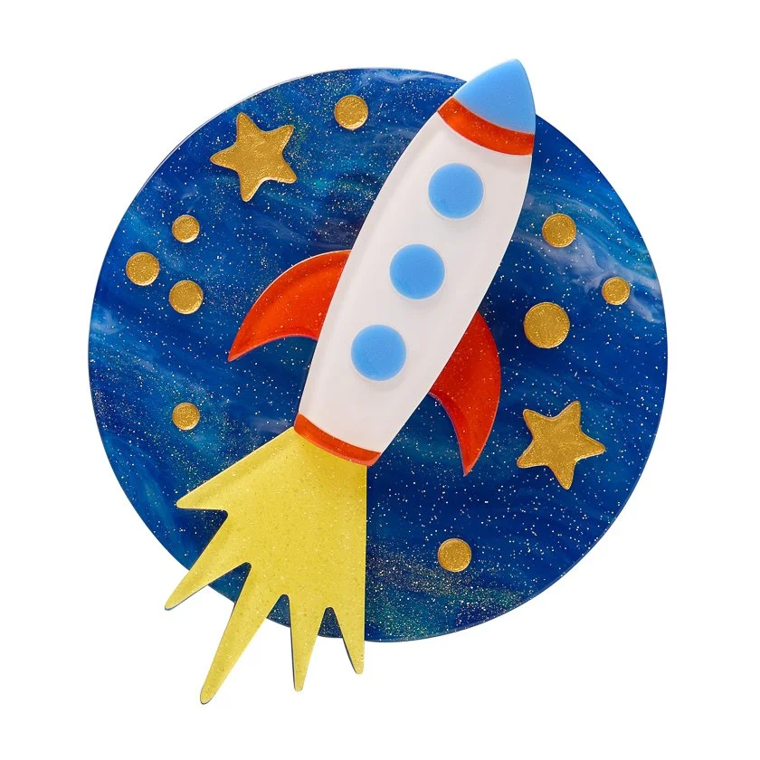 Erstwilder Blast Off! Brooch featuring a layered rocket design with a bright, space-inspired look.