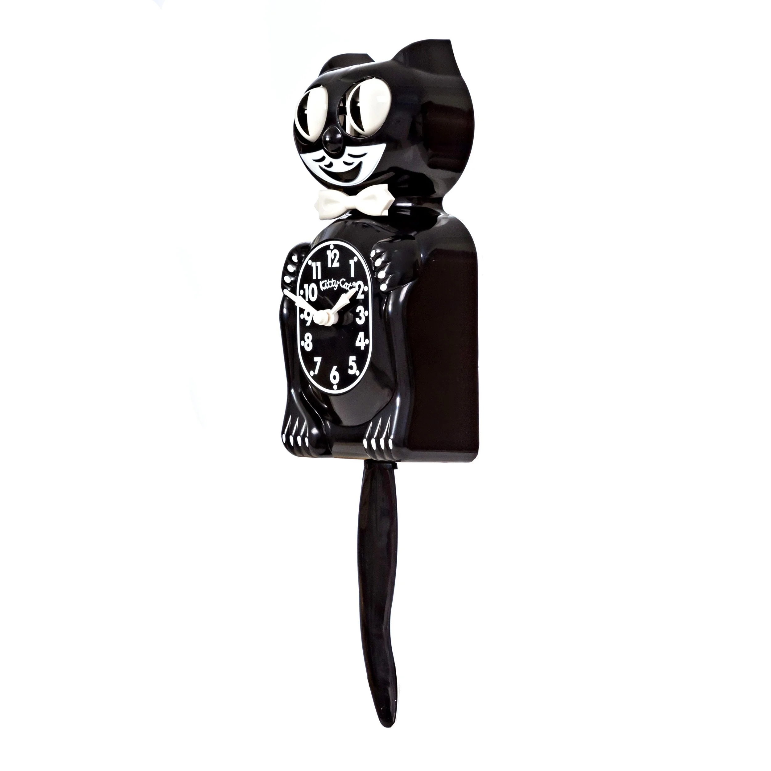 Black Kitty-Cat Klock 3/4 size retro wall clock with moving eyes and wagging tail, available at Goosebump Hong Kong.