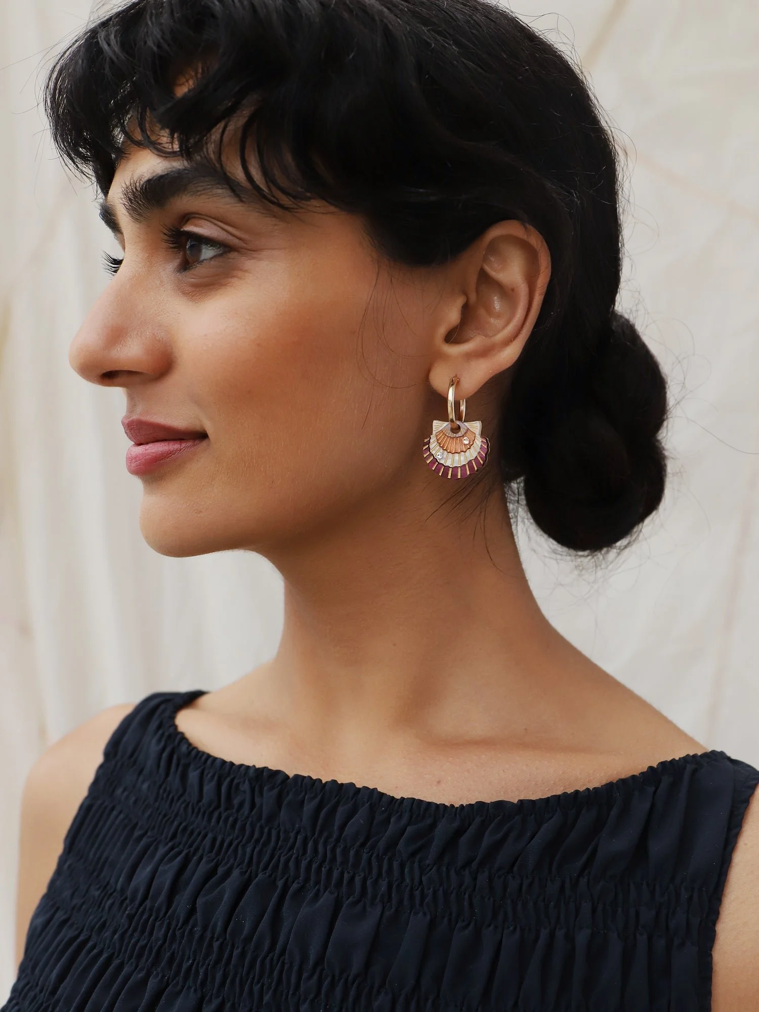 Wolf & Moon Scallop Shell Hoops with peach and cream scallop shell charms, acrylic and wood construction, glass crystal details and gold-filled hoops.