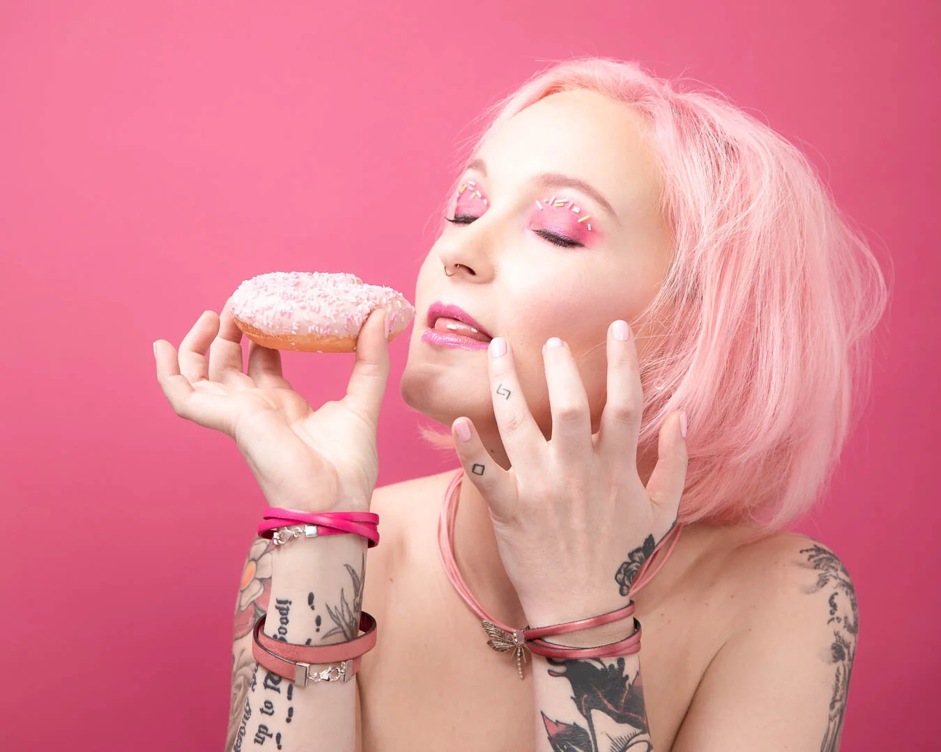 Fun editorial, tattoos and donuts beauty photography Cranleigh, Surrey