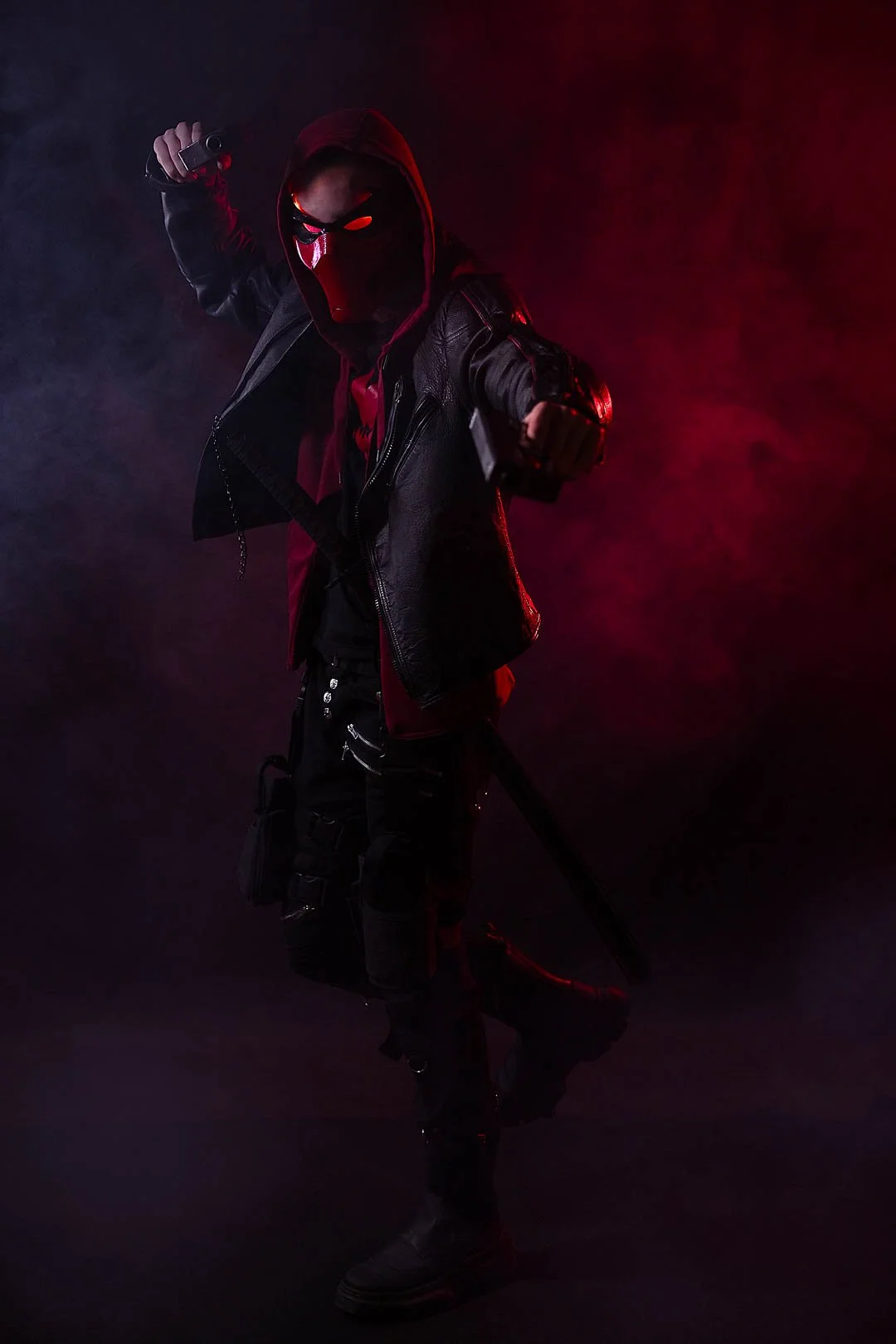 Red Hood DC cosplay photography with dramatic lighting by Sian T. Photography, Cranleigh Surrey