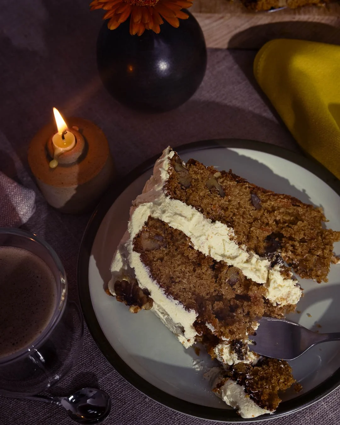 Professional food bakery photography of carrot cake styled and photographed by Sian T. Photography, UK food photographer