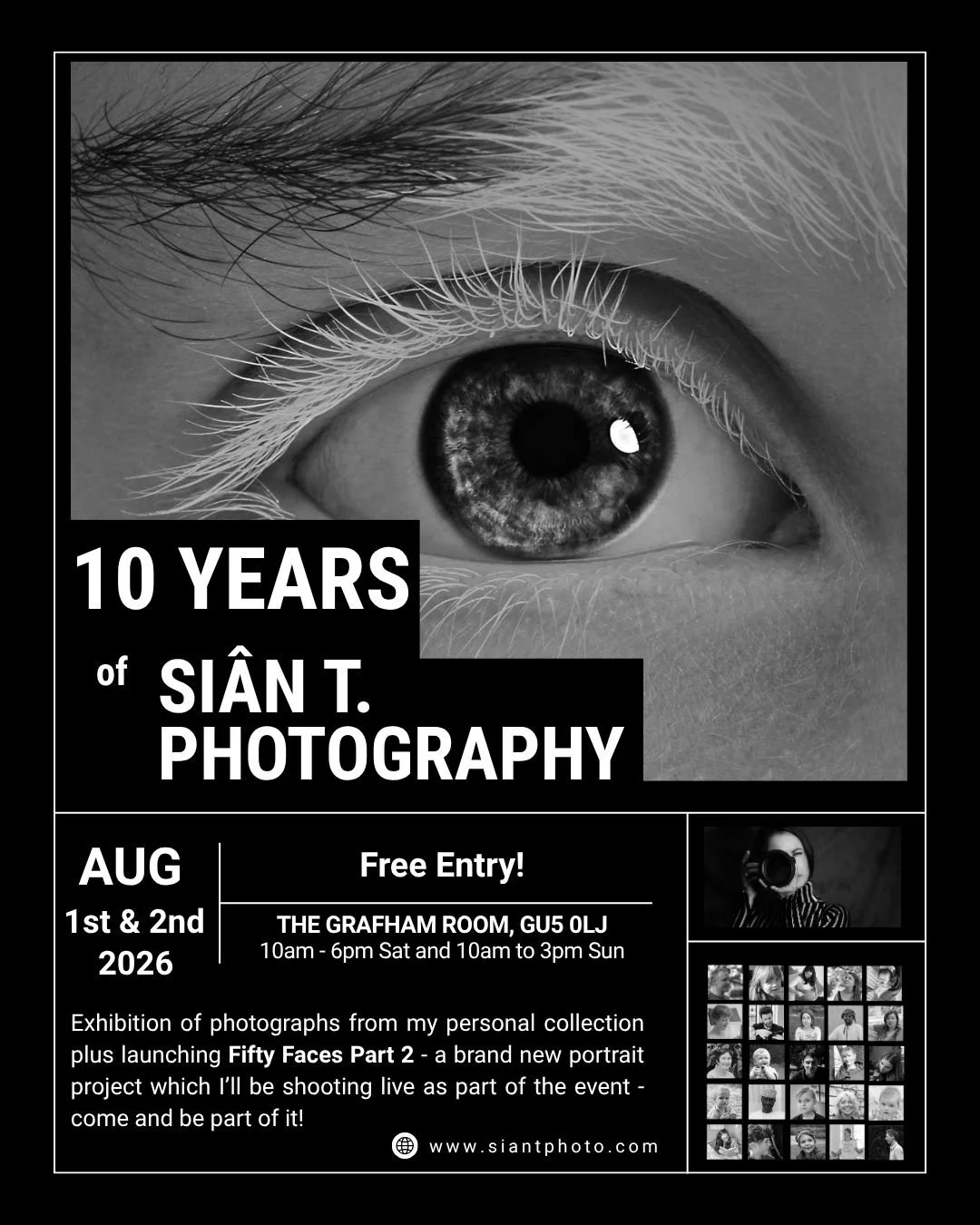 Poster for a free photography exhibition by Sian T. Photography on 1st and 2nd August 2026 in Grafham, Surrey