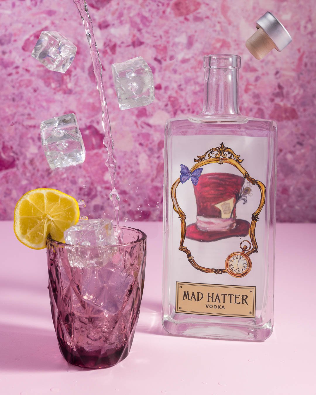 Composite drink photography for Mad Hatter Vodka from Surrey Copper Distillery by drink photographer Sian T. Photography, Cranleigh