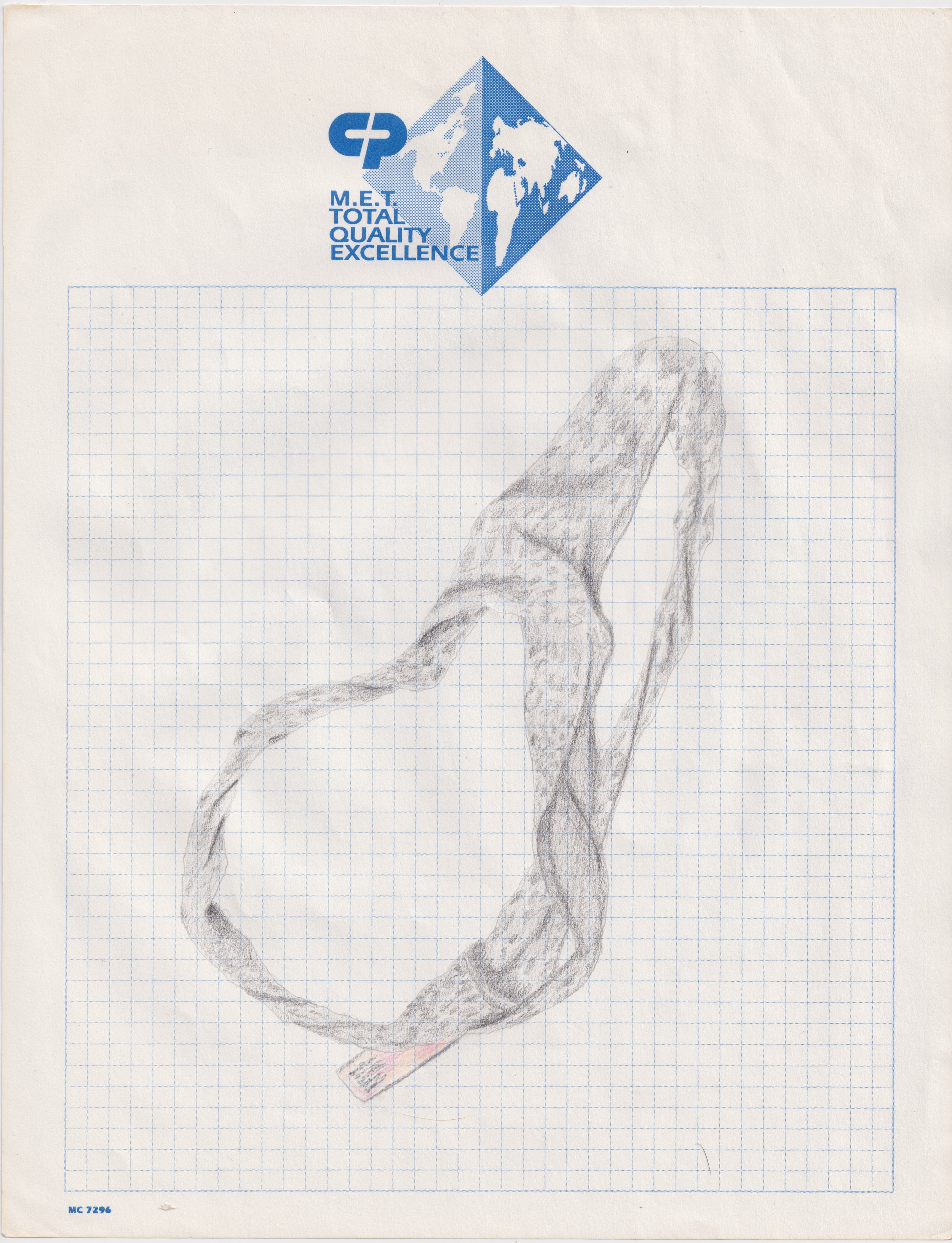 graphite and colored pencil on vintage graph paper 8 and 1/2 by 11 inches, 2025 