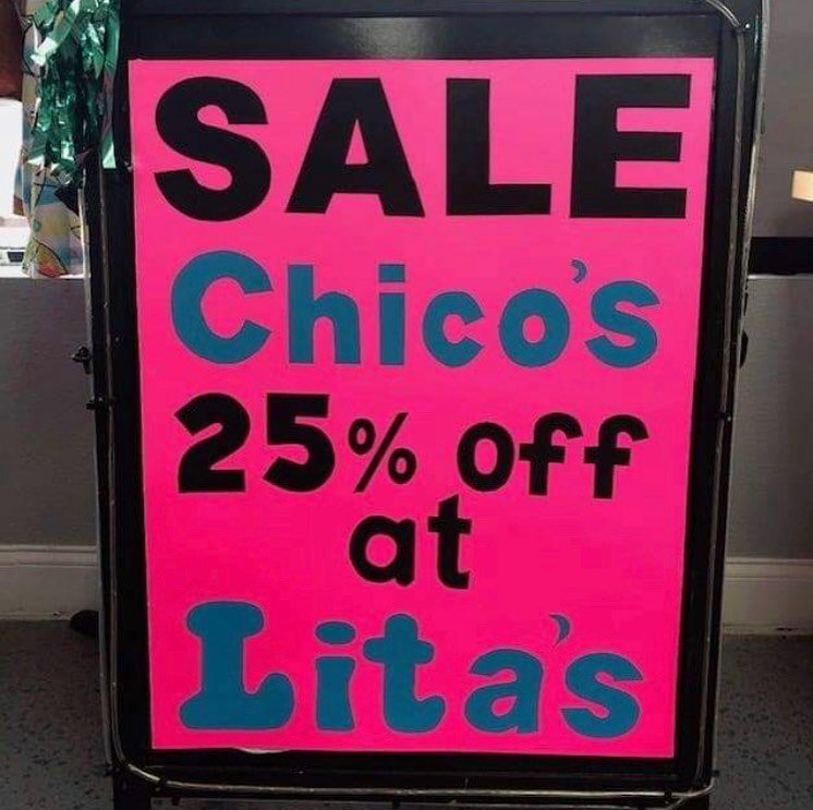 Sale! Sale! Sale! All Chico's 25% off our already low prices! Huge inventory of repurposed Chico's fashions, ready to wear! March 2-6. 724 Eau Gallie Blvd., Indian Harbor Beach near Corey's Bagels. Tues-Fri 10-4, Sat 9-4