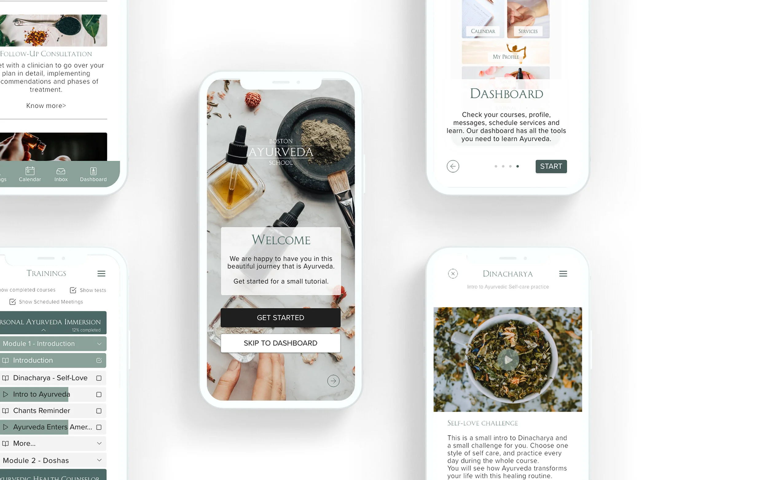 Collection of mobile app screens showing welcome message, dashboard options, training modules, self‑care challenge, and consultation details.