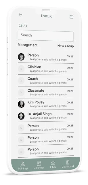 Mobile inbox screen with a search bar and a list of contacts, each showing an avatar, name, and recent message preview.