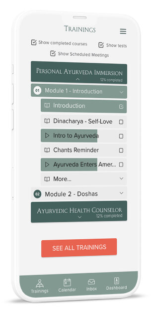 Mobile trainings screen showing course progress, module lists, and navigation tabs at the bottom.