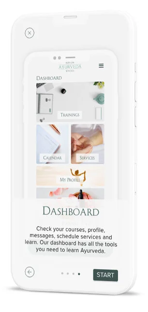 Mobile dashboard with large buttons for trainings, calendar, services, and profile, followed by a description and start button.