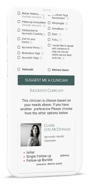 Mobile service selection screen with checkboxes for wellness offerings and a suggested clinician card with appointment options.
