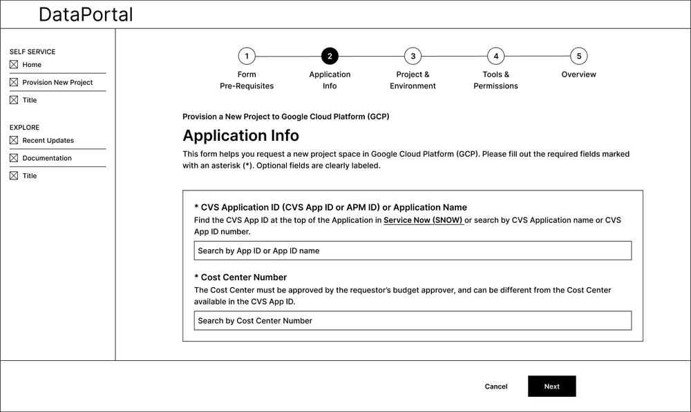 Wireframe — Application Info: fields for project name, description, and application type