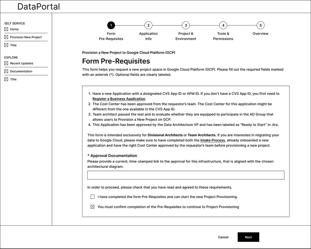 Wireframe — Form Prerequisites: checklist of required documentation architects must confirm before starting a provisioning request