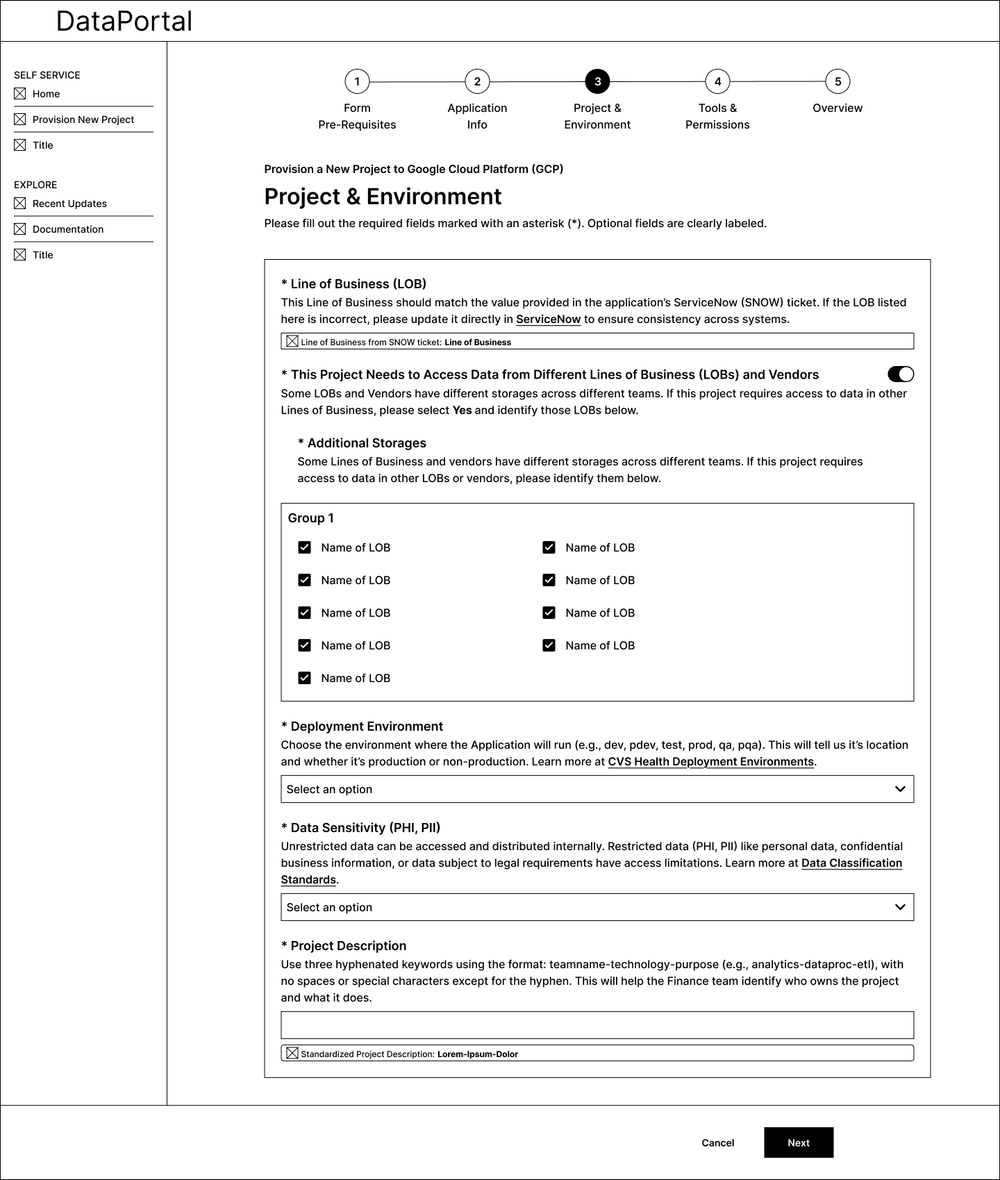 Wireframe — Project & Environment: environment type selection and project configuration options