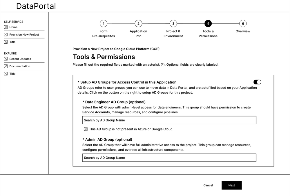Wireframe — Tools & Permissions: tool access configuration and role-based permission assignments