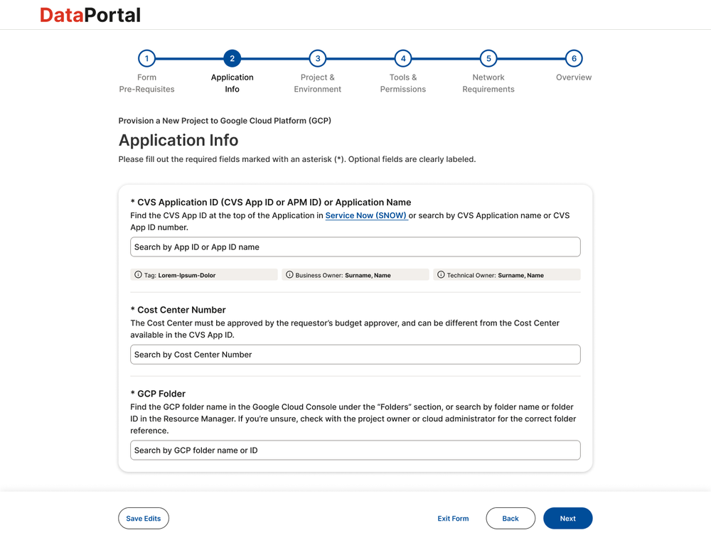 High-fidelity mockup — Application Info: refined form step with AI-assisted copy and inline terminology guidance