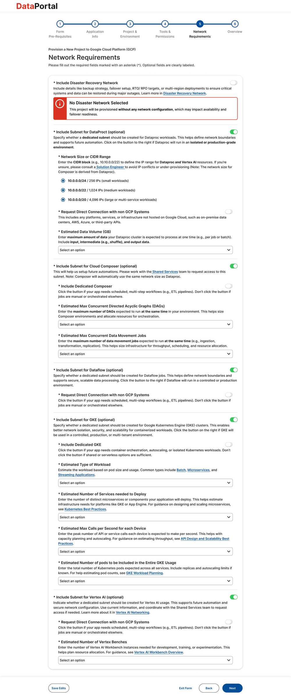 High-fidelity mockup — Network Requirements: infrastructure configuration options with guidance tooltips