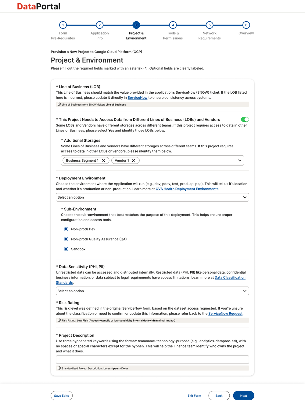 High-fidelity mockup — Project & Environment: step with progress indicator, validation states, and inline field guidance