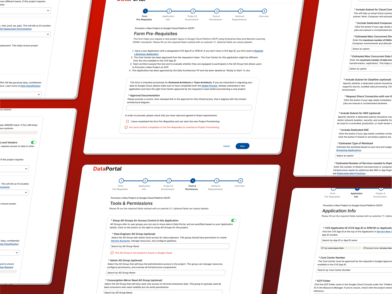 Series of DataPortal interface screens showing multi‑step forms with fields, instructions, and navigation buttons for provisioning a cloud project.