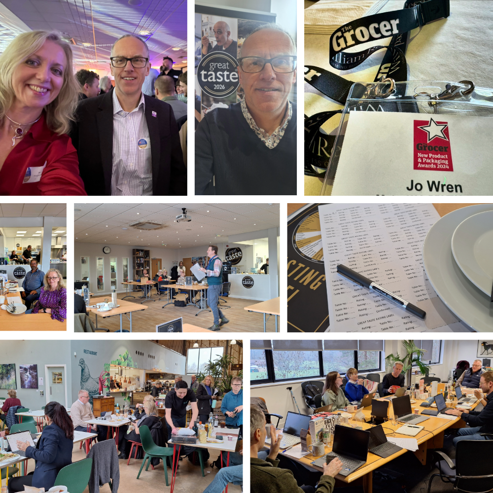 Collage of photographs showing David and Jo judging in different settings