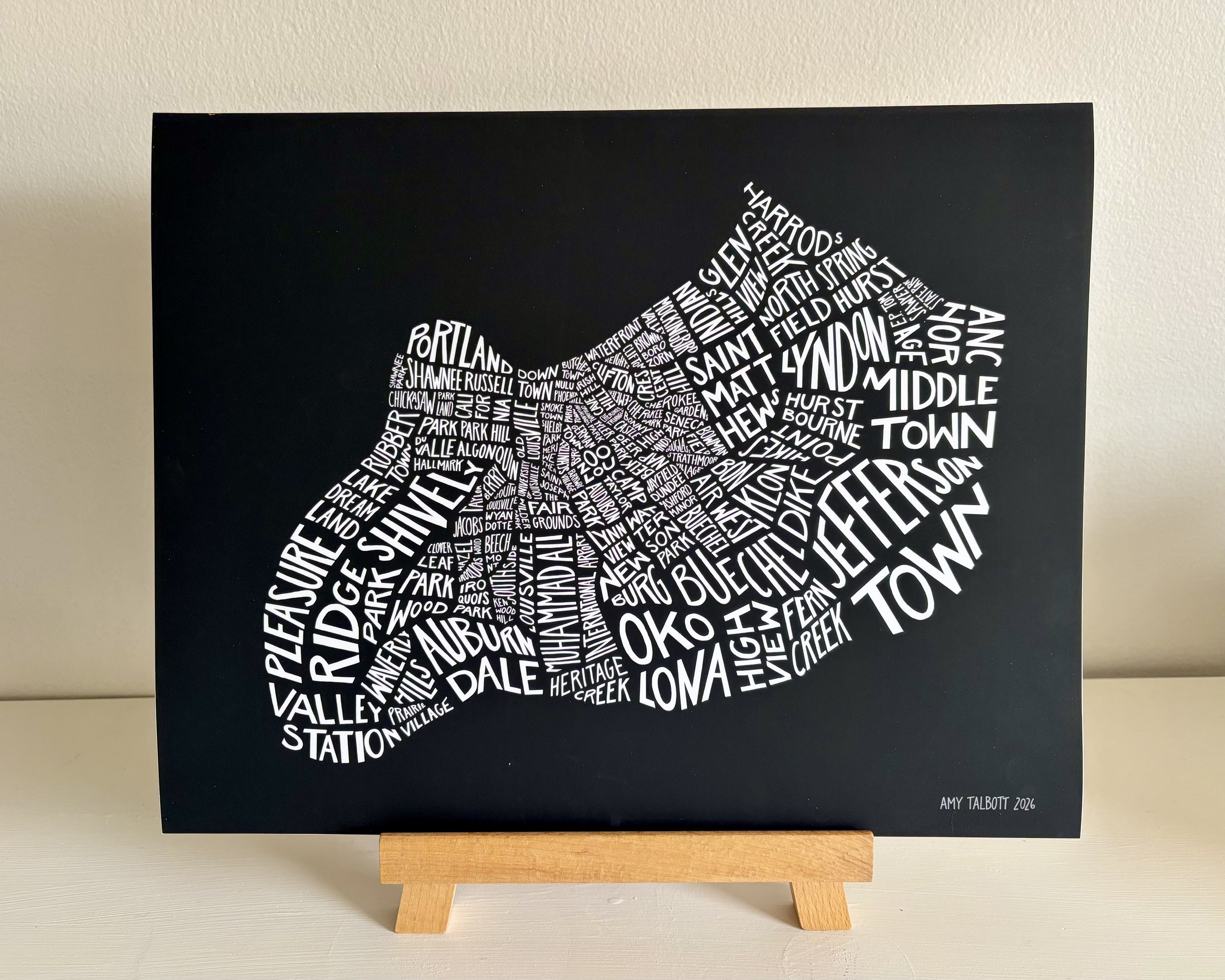 Louisville neighborhoods map, black background. 14x11. $40.