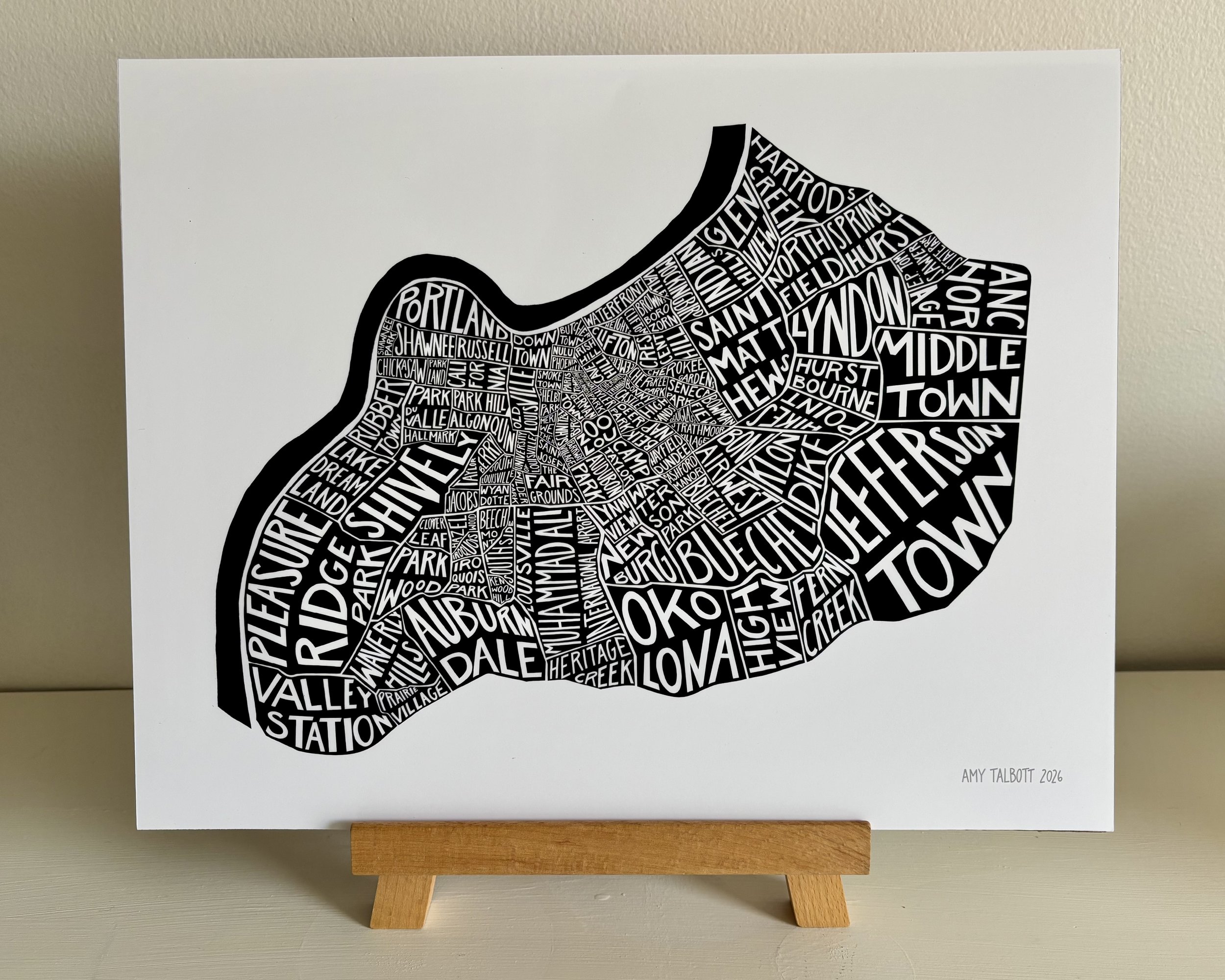 Louisville neighborhoods map, white background. 14x11. $40.