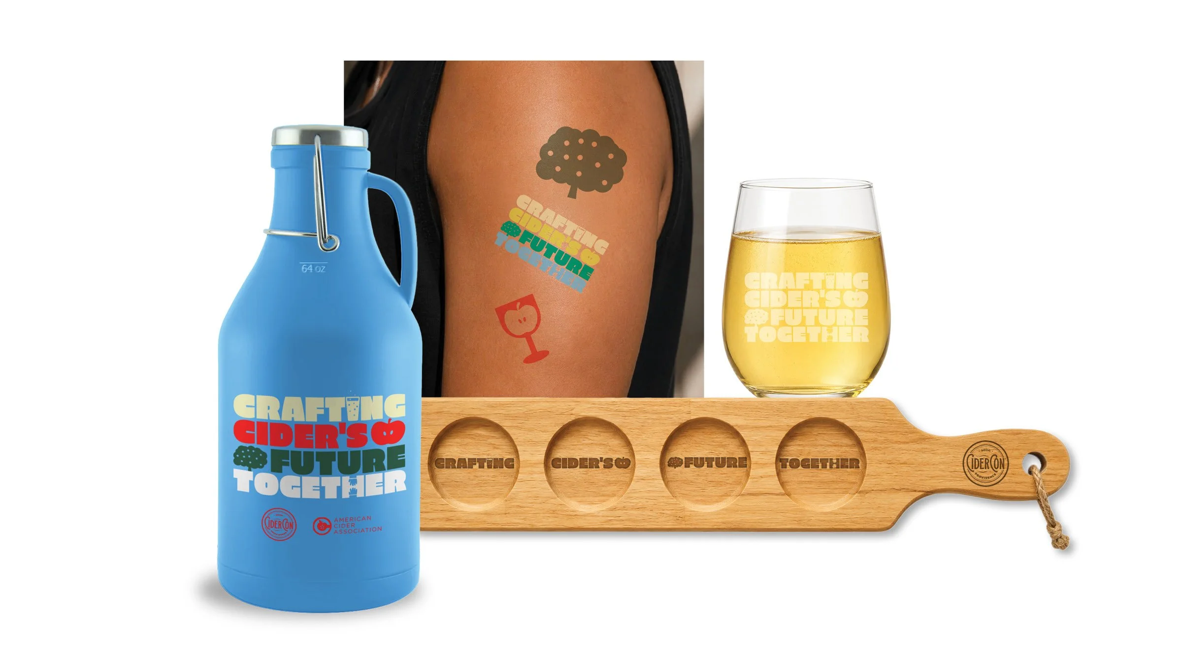 Conference swag... growler, temporary tattoos, flight paddle, stemless glass