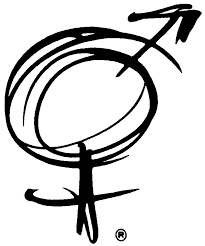 Stylized interwoven gender symbols combining male and female elements in black ink design.