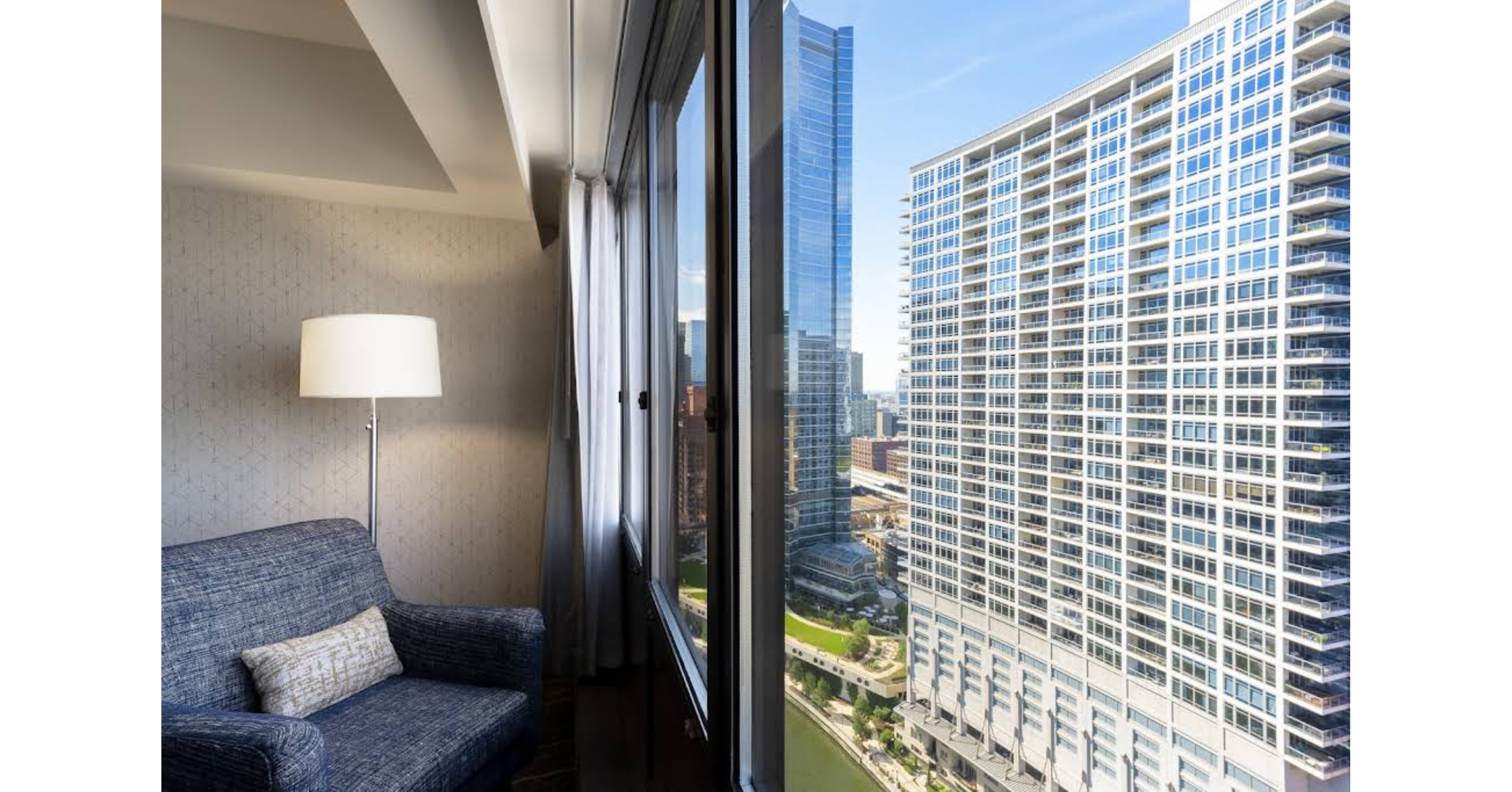 Photo from of a Holiday Inn hotel room, looking out the window at the Chicago River