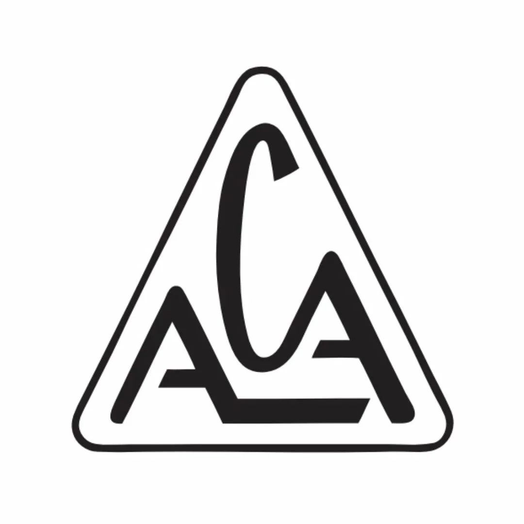 Monochrome triangular logo with curved and angular letters forming 'CA' inside.